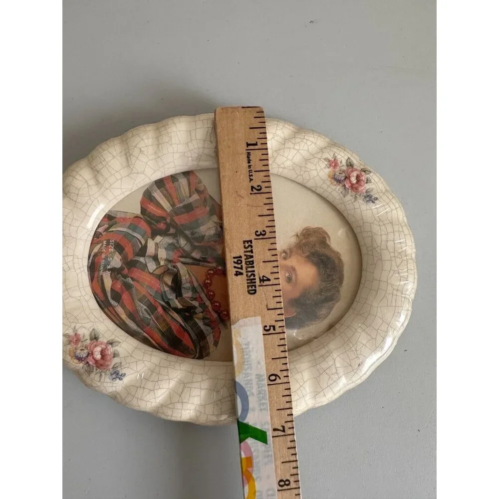 Vintage 90s Ceramic Crackle Glass Oval Picture Frame 5x7 Floral Cottagecore NEW!